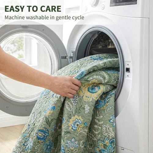 TWINRUN King Size Cotton Quilt Set | Vintage Sage Green/Dusty Blue Bedspread with Botanica (98x106 Inch   2 Pillowcases) | Lightweight Farmhouse Bedding for Coastal & Boho Bedrooms for All Seasons