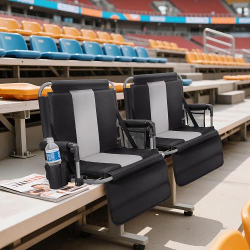 Color Black Folding Stadium Seat Bleacher Chair with Cup Holder, Mesh Bag and Hide Hooks, Portable Stadium Chair with Back and Cushion