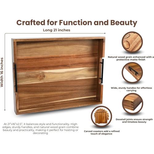 Acacia Wooden Ottoman Tray for Living Room & 6 Coasters Set – 21 Large Coffee Table Serving Tray with Handles, Perfect for Food, Drinks, Kitchen, and Home Decor
