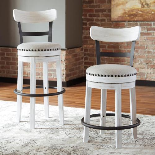 Signature Design by Ashley Valebeck | Modern Swivel 24.5 Counter Height Barstool – Rustic-Industrial Whitewash, Upholstered Cushion, 360° Swivel, Nailhead Trim