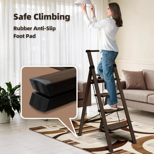 HillhutApex 4 Step Foldable Aluminum Step Ladder with Handgrip, Anti-Slip Pedal, 330lbs Capacity, Lightweight & Portable for Home, Kitchen, Office, Garage (Walnut)