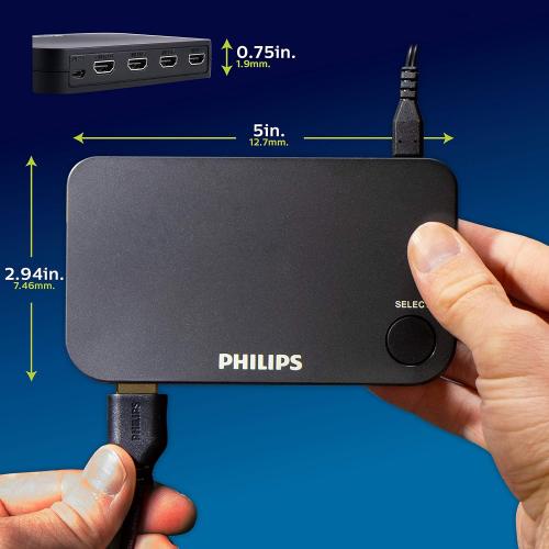 Philips 4 Device HDMI Switch, Wireless Remote, Use with 4K Smart TV Roku Xbox PS3 PS4 Fire Stick DVD Blu Ray Fire TV HDTV Cable Box PC, 4K 1080p 60 FPS, Ultra HD, HDCP 2.0, Black, SWV9484B/27