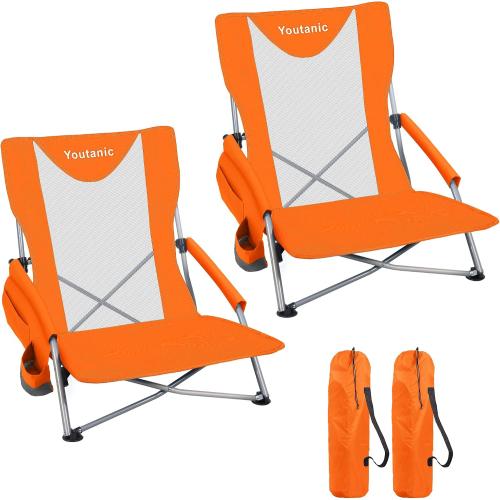 Youtanic Beach Chairs 2 Packs, Folding Portable Chair for Adults, Standard Back Extra Wide Seat with Cup Holder & Carry Bag, Lightweight Camp Chair for Outdoor, Beach, Sand, up to 350lbs, Orange