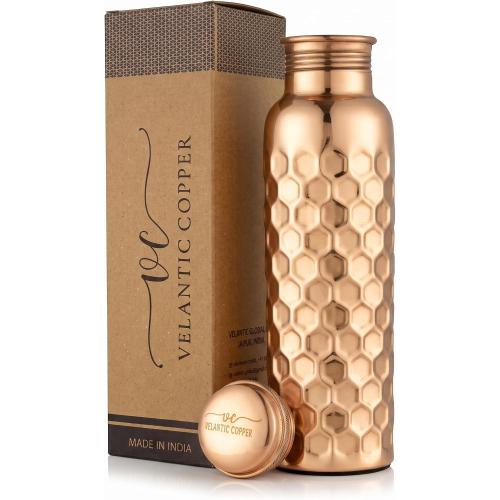 Copper Water Bottle - 32 Oz - Handcrafted Ayurvedic Vessel | Glossy Honeycomb, Jointless Leak-proof, Eco-Friendly, BPA-Free, Handmade Water Bottles for Yoga, Office, Travel