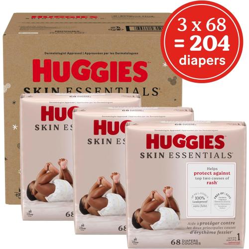 Huggies Size 1 Diapers, Skin Essentials Baby Diapers, Size 1 (8-14 lbs), 204 Count (3 Packs of 68), Packaging May Vary
