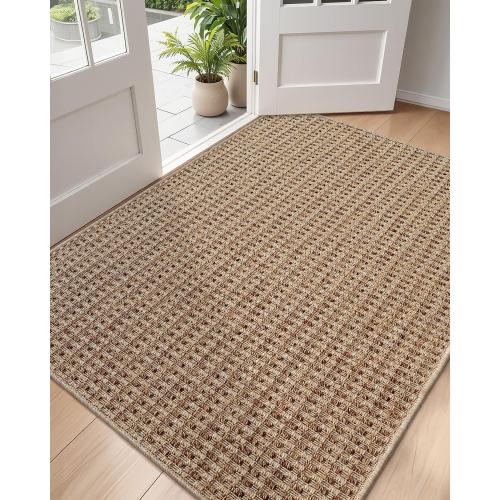 DEXI Dirt Trapper Door Mat, 31x48 Washable Doormat, Dirt Resistant and Absorbent, Easy Clean Low-Profile Floor Rugs for Entryway, Front Door, and Inside Entrance, Checkered Beige