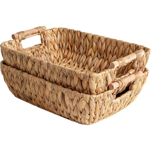 StorageWorks Hand-Woven Large Storage Baskets with Wooden Handles, Water Hyacinth Wicker Baskets for Organizing, 2-Pack