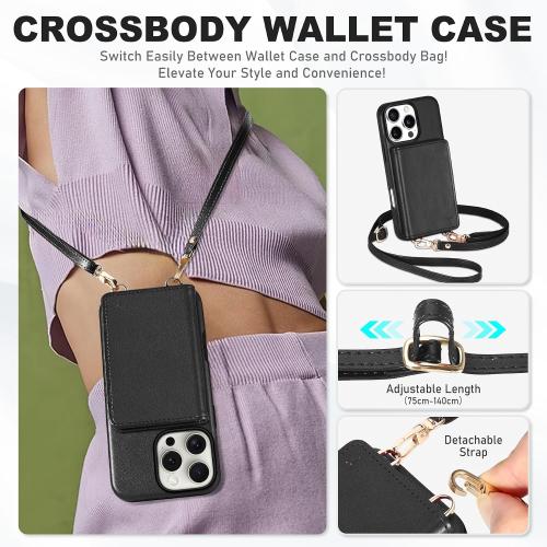 TUCCH Crossbody Wallet Case for iPhone 16 Pro (6.3), RFID Blocking [6 Card Slots][Detachable Adjustable Lanyard], Magnetic Flip Wallet PU Leather Shockproof Phone Cover for iPhone 16 Pro, Black