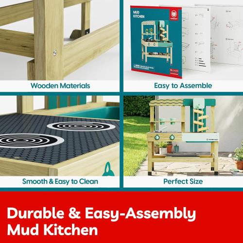 TOP BRIGHT 4 In 1 Mud Kitchen for Kids, Wooden Outdoor Playhouse for Water & Sand Play, Cooking & Gardening Playset with Accessories, Sensory Table Set, Backyard Pretend Play Toy for Boys Girls Ages 3