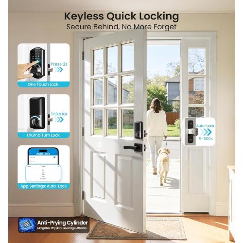 Veise VE07-L Fingerprint App Control Smart Locks with Heavy-Duty Zinc Alloy Handles, Keyless Entry for Front Door, Digital Electronic Touchscreen, Auto Lock, Waterproof, Easy Install, Matte Black
