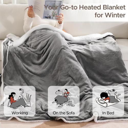 Electric Heated Blanket Throw Soft Cozy Sherpa Fabric Dual-Sided, 9 Heat Settings & 2-10 Hours Auto Off, Warming Heated Throw for Home Office, Machine Washable, Gray