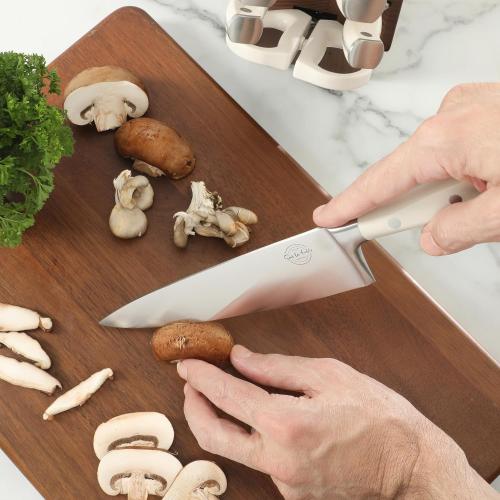 Sur La Table Kitchen Essentials Tasting Kitchen High-Carbon German Steel 8 Piece Full Tang Forged Cutlery Knife Block Set - Eggshell White W/Ashwood Block