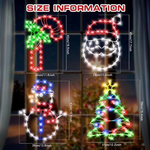 4 Pack Christmas Window Silhouette LED Lights Decorations, Santa Claus, Xmas Trees, Candy Cane, Snow Man Christmas Window Light with 50 Bulbs for Holiday Wall Door Glass Decorations