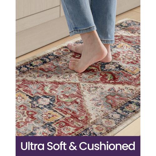 Kitchen Floor Mats Anti Fatigue, 23x86 Large Long Cushioned Vintage Runner Rug Waterproof, Standing Comfort Memory Foam Padded for Front Sink Laundry Office, Beige and Red
