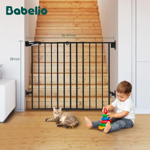 Babelio Baby Gate for Stairs, Kitchen & Doorways, No Bottom Bar| One-Handed Operation| Auto-Close| Hardware Mount (Drill Needed) Safety Dog/Pet Gate (Black - B17, 26-43 W, 28 H)