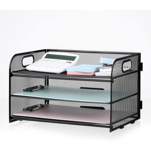 3-Tier Letter Tray Paper Organizer with Handle, Compact Mesh Desk File Organizer for Home Office Supplies Desktop Accessories,Black