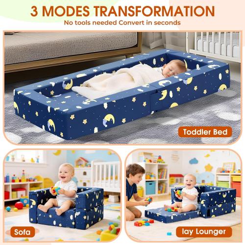 Portable 3-in-1 Toddler Travel Sofa, Soft Fabric&High-Density Foam | Easy-Clean Machine Washable Cover with Moon Star Cloud Print for Camping & Indoor/Outdoor Use - Blue