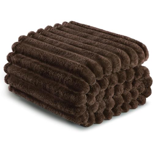 Exclusivo Mezcla Fleece Throw Blanket for Couch, Super Soft Striped Jacquard Bed Blanket, Lightweight Fuzzy Cozy for All Seasons, 50x60 Inches, Coffee