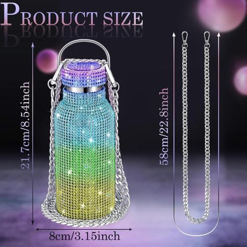 Geiserailie Diamond Water Bottle Bling Rhinestone Stainless Steel Thermal Bottle Refillable Insulated Glitter Water Jug with Chain for Women Girls Gifts(350 ml,Rainbow)
