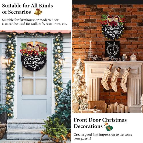 Black Door Sign for Christmas Decorations, Lighted Christmas Wreaths for Front Door, Farmhouse Wooden Hanging Merry Christmas Sign with 30 LED Lights for Indoor Outdoor Porch Wall Window Decor