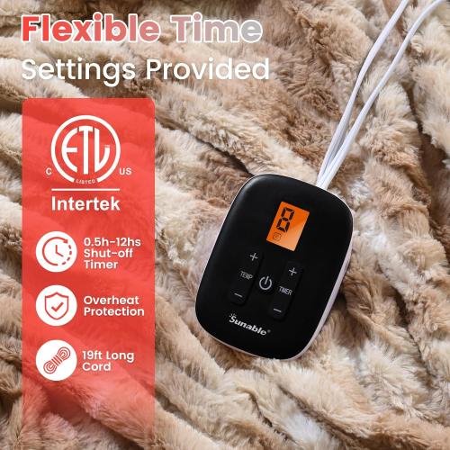 Sunable Heated Electric Blanket - Machine Washable Blanket with Time Settings 10 Heat Settings Full Size 77×84 inches Beige - Faux Fur