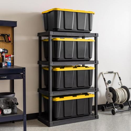 Tote Bins with Lids, 4 Pack - Made in USA, Tough Snap On Lid Stackable Industrial Rugged Tubs, Garage Organization, Reusable Box - Black/Yellow