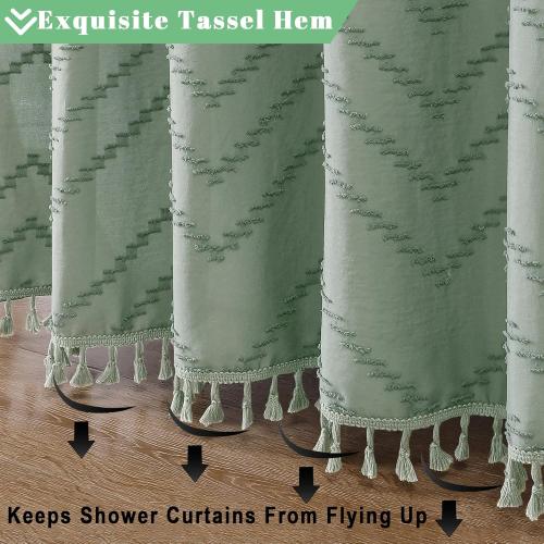 OWENIE Sage Green Fabric Shower Curtain, Boho Shower Curtains for Bathroom Chic Tufted Chevron Striped Textured with Tassel, Soft Hotel Style Farmhouse, Machine Washable, 72x78, Sage Green