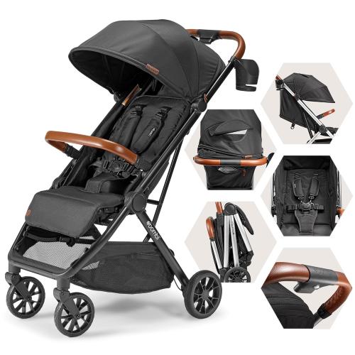 Bombi Bēbee V2 Lightweight Baby Stroller - Premium Vegan Leather, One-Hand Fold, Infinite Recline, Aircraft-Grade Aluminum Frame, XXL Canopy, and Ample Storage Umbrella Stroller - Hickory