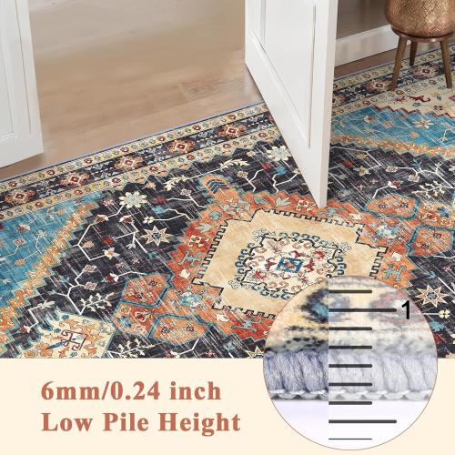 Yamaziot Washable Area Rugs 5x7 – Non Slip Boho Vintage Rug for Bedroom, Low Pile Floor Carpet Soft Distressed Rug for Living Room, Bedroom, Dining Room, Black Navy Blue