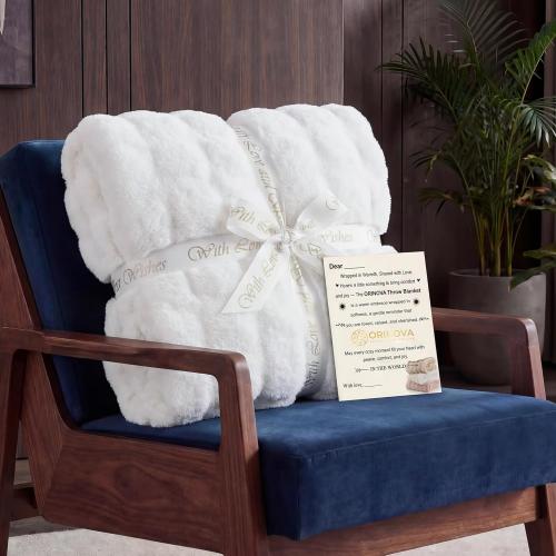 ORINOVA White Furry Blanket King Size Soft Faux Fur Throw Fuzzy Bunny Fur Blanket for Bed Cozy 90x108 Fluffy Blankets King for Bedroom Living Room Home Decor Gifts 1000 GSM