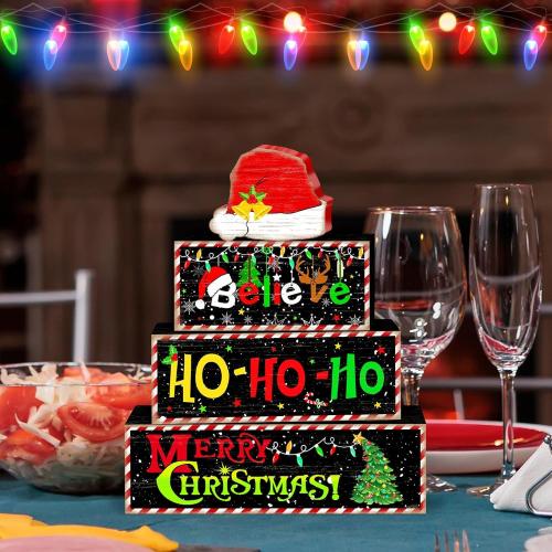 Britimes 4 Pcs Christmas Santa Hat Table Decor Christmas Tiered Tray Decorations Set Santa Hat Block Signs Gift Rustic Farmhouse Tabletop Decor for Table & Home Office