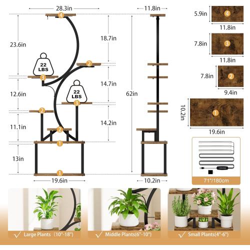 BACEKOLL Plant Stand Indoor with Grow Light, 8 Tier Corner Plant Shelf Tall | 62 Lighted Flower Holder for Plant Multiple, Space-Saving Beautiful Display Growing Rack for Home Patio, Sturdy Metal, Brown