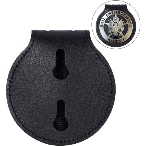 Wisdompro Cowhide Leather Police Badge Holder Belt Clip with Chain, Circle | Round Shape, Mn-steel Clasp, Stainless Bead Neck, Hook and Loop Closure Pocket Case, Heavy Duty, for Law Enforcement, Sheriff