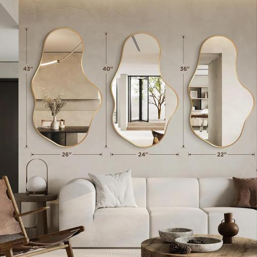 Irregular Wall Mirror - Wall Mirrors Decorative 24x 40 Asymmetrical Abstract Mirror Aviation Aluminum Alloy Frame Unique for Bathroom, Bedroom, Living Room, Cloakroom, Entryway Gold