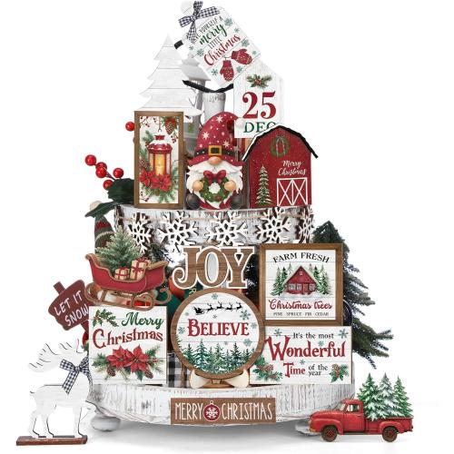 Holiday Tiered Tray Decor Christmas Tiered Tray Decorations Set Truck Wooden Signs Farmhouse Table Decorations for Home Table Shelf (Wonderful)
