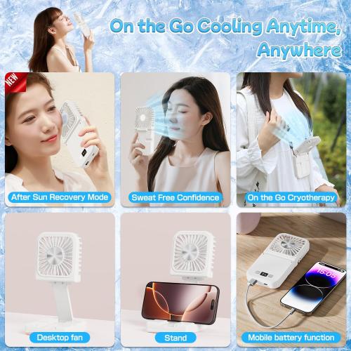 Handheld Portable Fan with Ice Cooler,6 in 1 7000mAh USB Rechargeable Foldable Personal Hand Held Fan,Power Bank, LED Display, 5 2 Speeds for Travel/Summer/Concerts/Lash, Gifts for Men Women