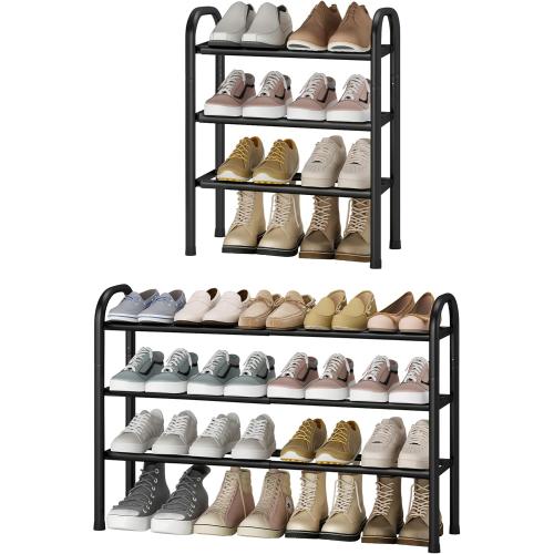 STO STO Expandable Shoe Rack, 3-Tier Metal Small Shoe Rack for Closet, Up to 16 Pairs Adjustable Shoe Rack Storage for Front Door Entrance, Free Standing Shoe Rack Organizer for Entryway, Black