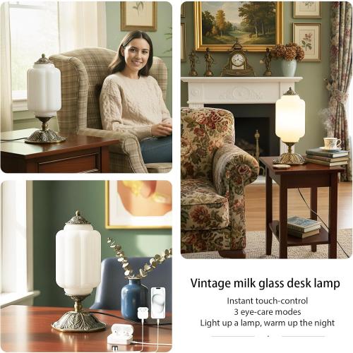 Vintage Touch Bedside Table Lamp, Elegant Milk White Glass Desk Lamp 3 Way Dimmable with USB C A Charging Ports - Bedroom Nightstand & Living Room Essential (Vintage White, 6.5)