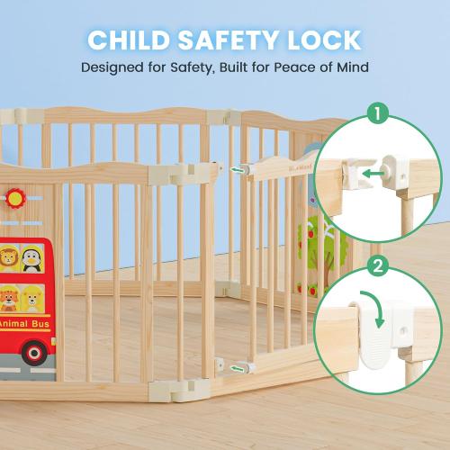 Foldable Wooden Playpen, 55 x 55 x 24 inches, Animal Bus, Natural | Adjustable Wood Baby Play Yard with Child-Proof Lock, Indoor Large Safety Fence for Babies and Toddlers, Easy Assembly