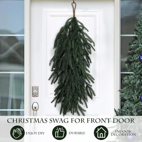 2 Pcs Christmas Swag - 27 Inch Teardrop Swag with Artificial Pine Needles Greenery Swags for Xmas Front Door Staircase Window Wall Mantel Decor - Dark Green