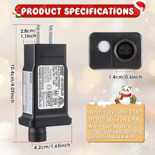 30V/29V LED Power Supply, Class 2 Power Supply for Christmas String Light Decorations, 12W 8 Mode Light LED Transformer Replacement for Christmas Plug, Waterproof Plug Adapter(2 Pcs)