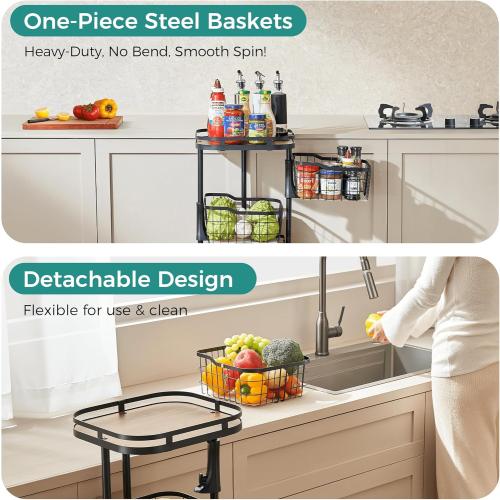 4 Tier Kitchen Fruit Vegetable Storage Cart with One-Piece Rotating Basket, Pantry Organizer Shelf Rack Floor Stand for Veggie Onion Potato Produce Spice, Rolling Snack Cart on Wheels, Black