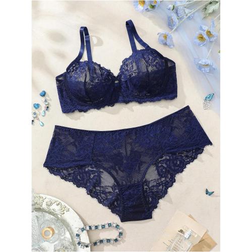 Size 38C...MakeMeChic Women's Plus Size 2 Piece Lingerie Set Floral Lace Sheer Underwire Bra and Panty Set