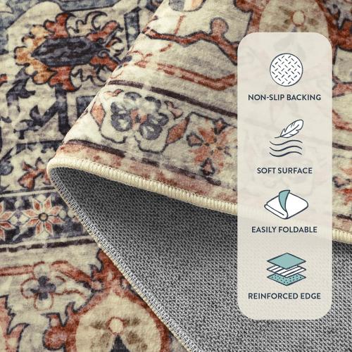 Lahome Oriental Washable Rug, 3x5 Rugs for Bedroom Living Room Entryway, Vintage Ultra-Thin Non-Slip Soft Throw Carpet for Kitchen Office Entrance, Peach/Orange