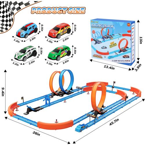 ‌Slot Car Race Track Sets with 360° Thrill Loops & 4 High-Speed Cars, 64 Pcs Large Flexible Racing Track for Kids Ages 3-5 4-8 8-12, Race Car Toys Gift for Boys Girls Birthday Christmas