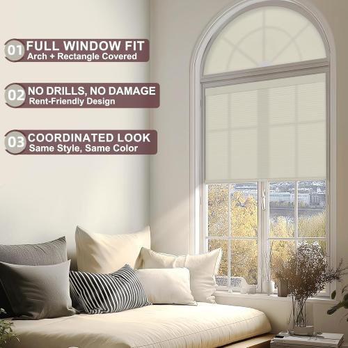 Arch Window Shades Light Filtering Half Circle Cordless Cellular Shades No Drill Half Moon Honeycomb Blinds for Indoor Window Thermal Insulation Noise Reduction,Filtering-Beige,72 W x 36 H