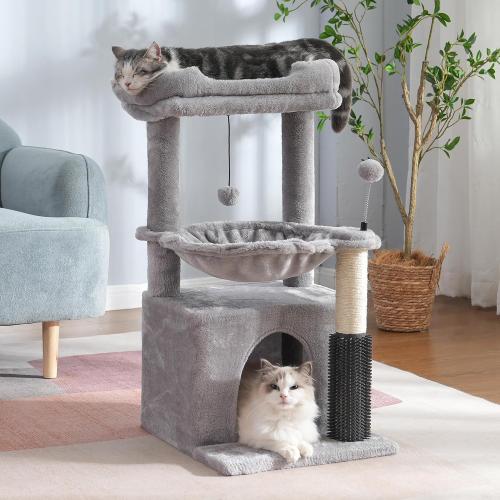 Color Grey pawfessor 5 in 1 Cat Tree 32 Inches Cat Tower with Self Groomer,15.7”Large Hammock, Fully Scratching Post, Removable Top Perch and Wide Condo for Indoor Cats-Gray