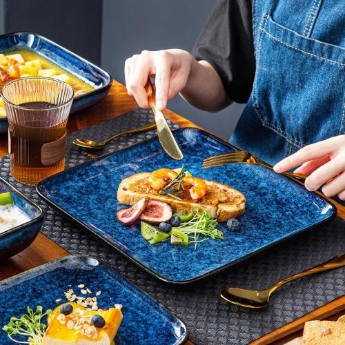 vancasso Stern Square Dinner Plates Set of 4, 7.5 Inch Dessert Plates, Reactive Change Glaze Blue Serving Pasta Salad Plate Dish, Scratch Resistant