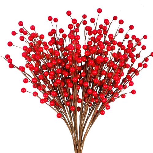 GREENTIME 12 Pack Artificial Red Berry Stems 14 Fake Holly Berry Picks for New Year Holiday Christmas Tree DIY Wreath Crafts Vase Fireplace Home Decor