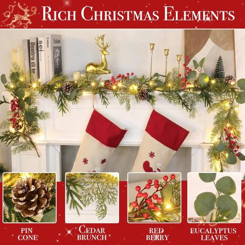 6 Ft Prelit Christmas Cedar Garland, Real Touch Christmas Garland with Lights, Realistic Soft Cypress & Eucalyptus Pine, Red Berries Pinecones,Battery Operated Garlands for Fireplace Mantle Table